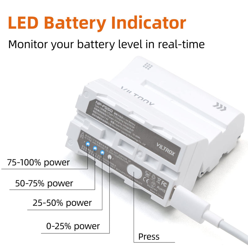 VILTROX NP-F550 Battery 2 Pack 2200mAh Replacement Battery for Sony F970 F960 F950 F770 F750 F570 F550 F330, Rechargeable Battery Compatible with Godox Neewer Led Video Light/Camera Monitor 2Pcs NP-F550(2200mAh)