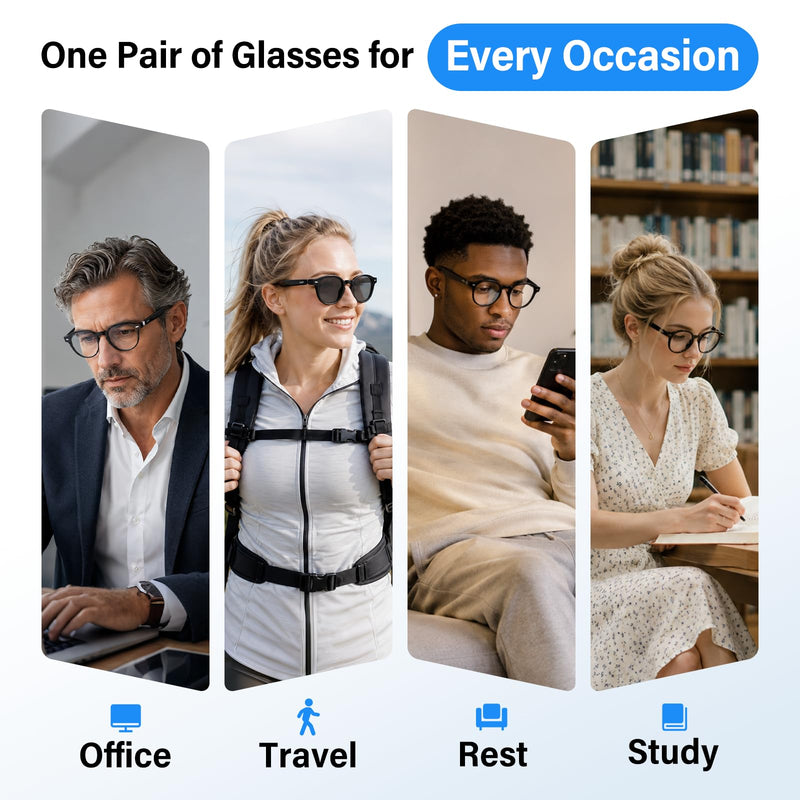 GetD AI Smart Glasses, Photochromic Lenses, Bluetooth Translation Glasses | AI Sunglasses for Women Men, Real Time Translation, Bluetooth Open Earbuds, 11H Playtime, UV Protection, IPX4 Waterproof Standard,Transparent Black/Photochromic Lenses