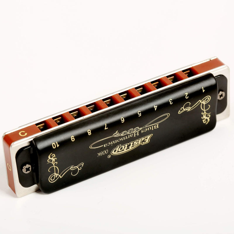 Diatonic Blues Harmonica 10 Holes Blues Harmonica 20 tones black T008K with Case，More Professional Harmonica for Beginner ，Students，Adults and Professional Player (Key of F) Key of F