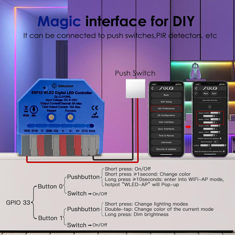 Compact WLED Controller with Mic, ESP32 DC 5V-24V Addressable LED Controller Digital RGB IC (WS2811 WS2812B SK6812 WS2815) WLED Open Source Firmware Pre-Installed