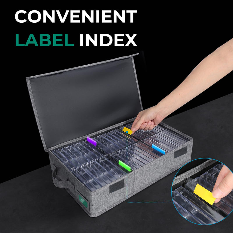 Cassette Tape Storage Box, Practical Cassette Tape Holder 16.34 x 9.25 x 3.54 Inch, Cassette Rack with Lids and Index Labels to store to 48 Cassette Tape Cases - Gray TAPE-1 Pack