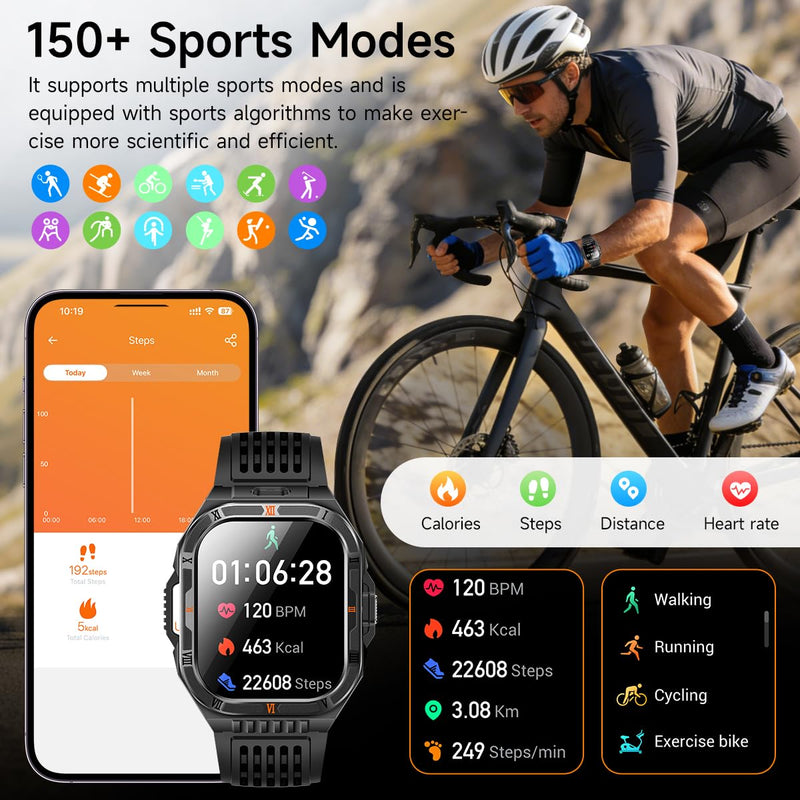 Military Smart Watches for Men, 2.01" HD Smartwatch with 110+ Days Battery/Flashlight/Compass/Bluetooth Calling, Heart Rate/Sleep Monitor, 150+ Sports Modes Fitness Tracker for Android/iOS Black