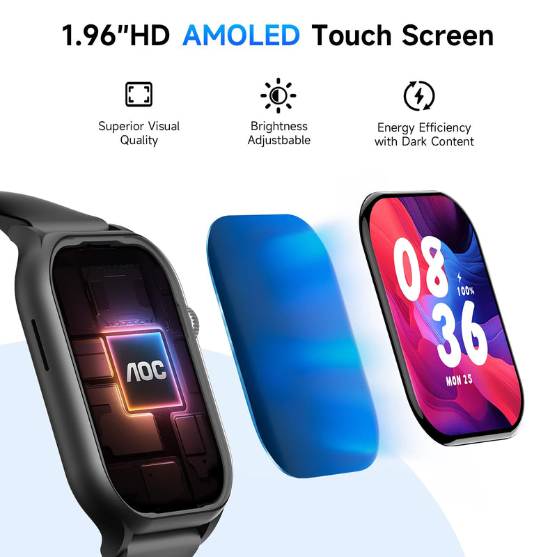 AOC Built-in ChatGPT, 1.96" HD AMOLED Screen AI Smart Watch for Men Women Answer/Make Calls, Fitness Watch with Heart Rate Monitor Sleep Monitor, 100+ Sports Trackers Step Counter, Waterproof