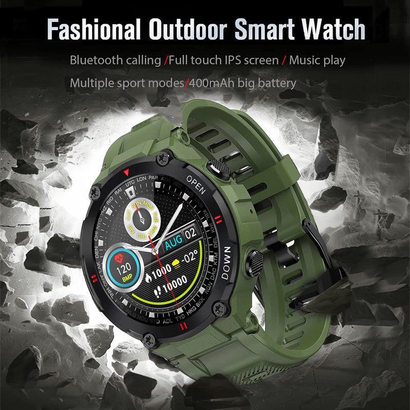 1.28" IPS Tactical Smart Watch for Men Activity Fitness Tracker with 400mAH Large Battery Outdoor Bluetooth Call Heart Rate Sleep Monitor Pedometer IP68 Waterproof Sport Watch for Android iOS k22-Army green