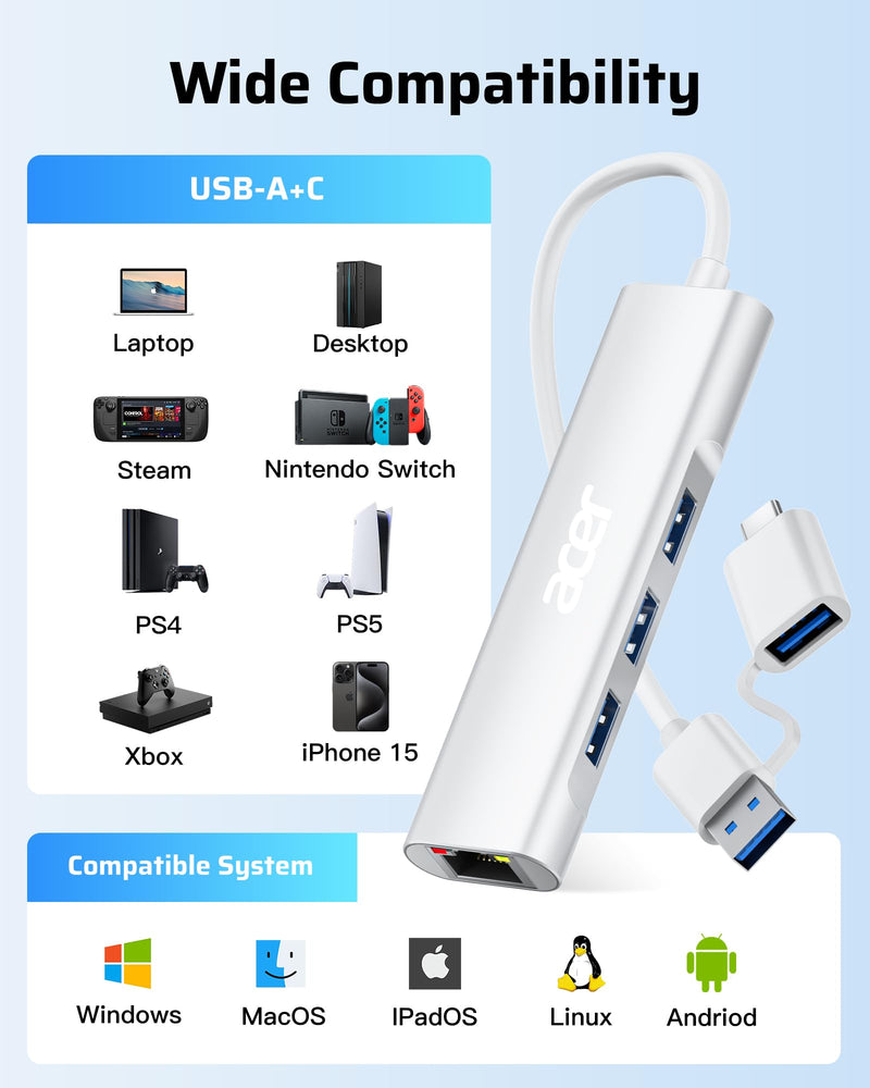 Acer USB C to Ethernet Adapter, 4-in-1 USB-A/C Hub with 3 USB-A 3.1 & 1Gbps RJ45 Networks, USB-C to LAN Adapter for MacBook Pro Air, Surface, Chromebook, Acer, Laptop, and More USB A+C