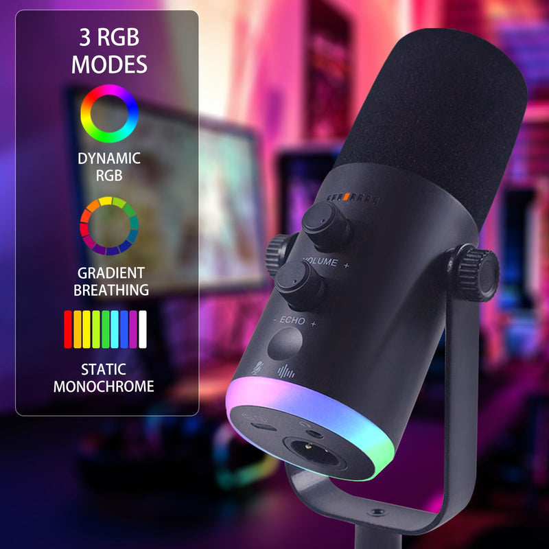 YU7 USB/XLR Dual-Mode Dynamic Gaming Microphone for PS5/PC/Mac/mobile Phones, 48kHz HiFi, Noise Reduction, RGB Gaming Light YouTube/TikTok Streaming Live mic, Can be Used for Microphone Stand