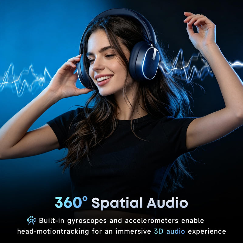 Hybrid Active Noise Cancelling Bluetooth Headphones Wireless Headphones | Over Ear, 120H Playtime, Hi-Res Audio, Deep Bass, Memory Foam Ear Cups for Home Office Travel Black，blue Blue