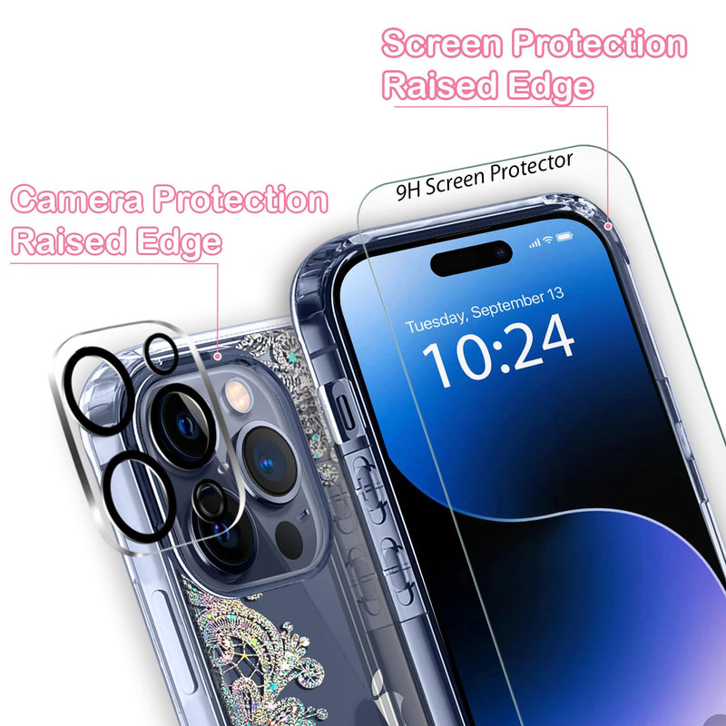 Coolwee Anti Yellowing Clear Glitter for Apple iPhone 15 Pro Max Case Floral, 6.7 inch, 6.6ft Military Grade Protective Cute Mandala Crystal Bling Lace Slim TPU with Camera & Screen Protector Clear Glitter Lace