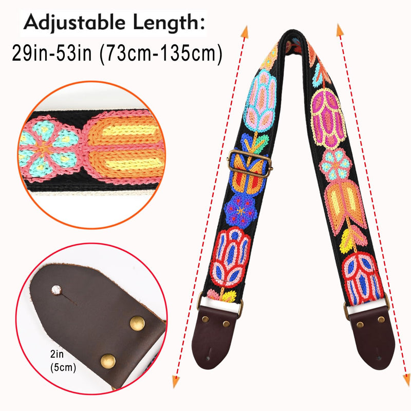Crochet Flowers 2 inch width Guitar Strap Tulip Black