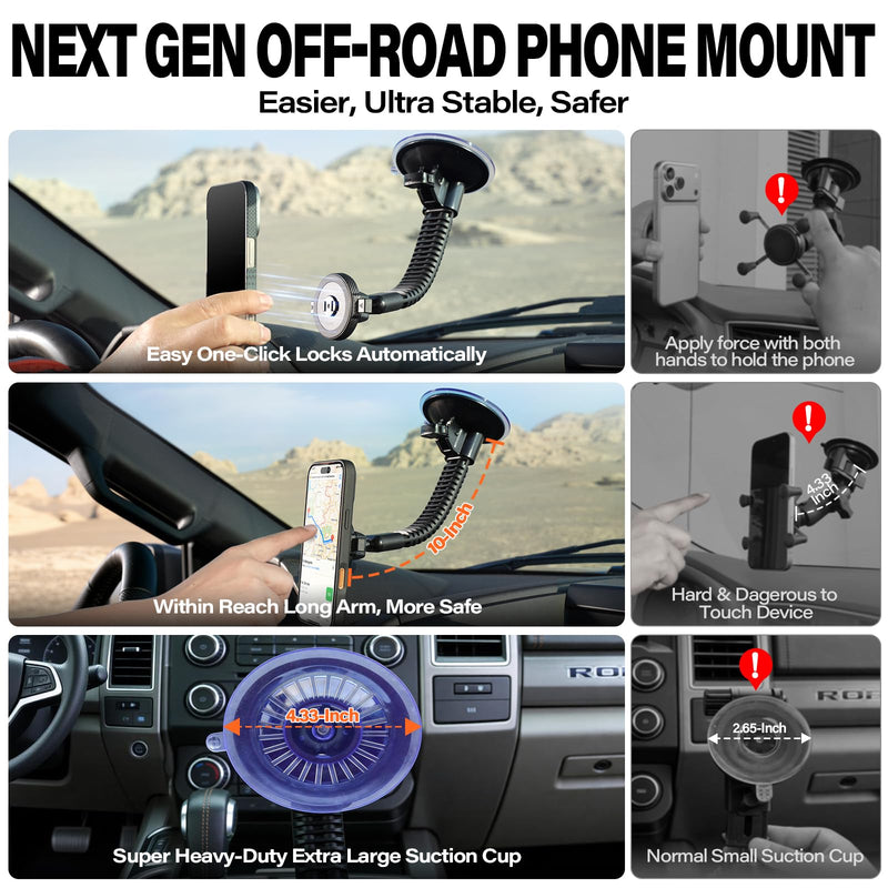 A2C One-Lock Ultra Off-Road Truck Phone Mount Heavy-Duty Phone Holder | Magnetic Alignment with Automatic Dual-Latch Locking System, One-Hand Quick Release, 4.33" Heavy-Duty Vacuum Suction Cup