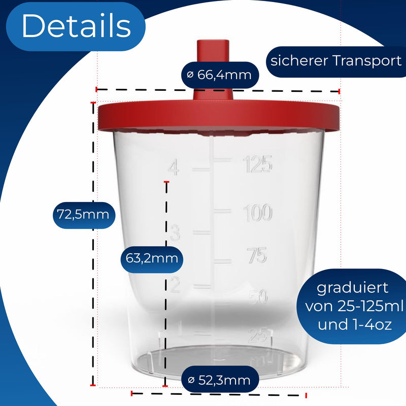 Horn Medical Urine Cup / Sample Cup with Snap Closure 150 ml Capacity, Size Chart up to 125 ml/4 oz, Can Be Written On (25) 25