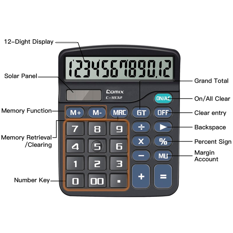 Comix Desktop Calculator 12 Digit with Large LCD Display and Big Button, 12 Digits Baisc Calculator, Solar Battery Dual Powered, for Office Home School C-1832 (Black) Black