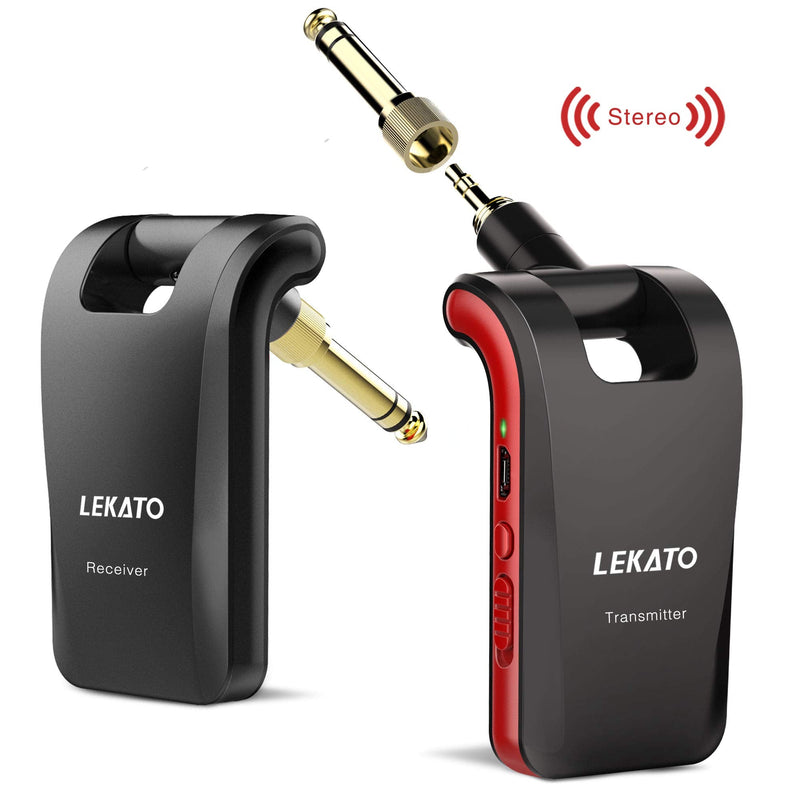 [AUSTRALIA] - LEKATO Wireless Guitar System 2.4GHz Rechargeable Audio Wireless Transmitter Receiver 6 Channels for Guitar Bass Electric Instruments, Stereo and Mono 1/4” & 1/8” 2 in 1 Plugs,Black(WS-60) black 