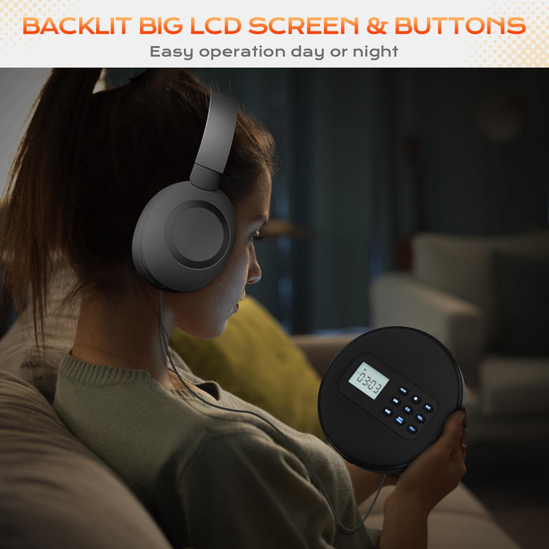 Portable CD Player with Speakers:Rechargeable Walkman CD Player for Car with Anti-Skip Protection,Discman CD Player with Headphones,Plays Recorded MP3/Audiobook/CD/USB with Memory,Backlit.