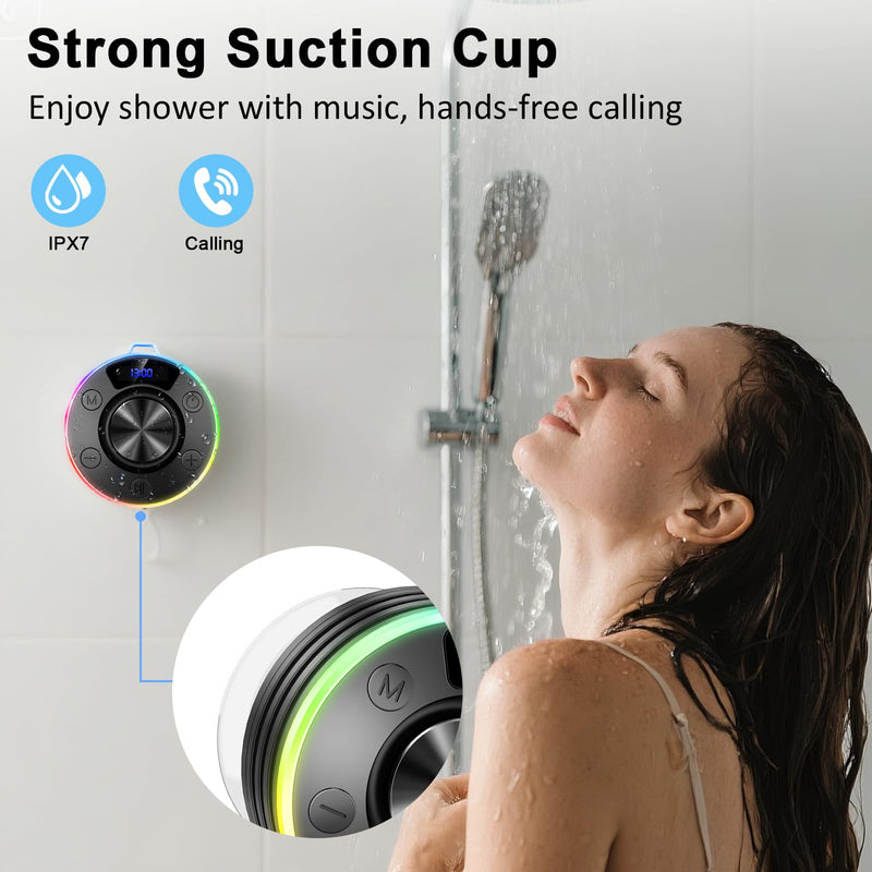Bluetooth Speaker, Shower Speaker Stereo Sound, IPX7 Waterproof Speakers Bluetooth Wireless with RGB Light, Suction Cup, Hook, Digital Display, Portable Speakers for Gift Bathroom Party Beach, Black