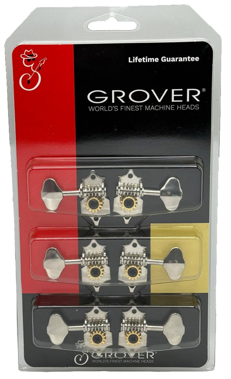 Grover V97N STA-TITE 14:1 Open Gear Guitar Tuners Vintage Style Nickel Tuning Machines 3+3 with Butter Bean Button For Solid (Vertical) Headstock with Tonebird Dunlop Polish Cloth Bundle