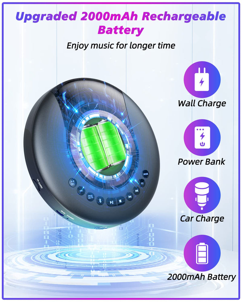 CD Player Portable ARAFUNA, Portable CD Player Bluetooth with FM Radio, 2000mAh Rechargeable CD Player for Car with LCD Screen, Anti Shock Protection Walkman CD Player with Headphone, AUX Cable Black