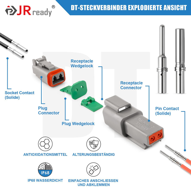 JRready German Plug 2-Pin Grey IP68 Waterproof DT Connector Set 6 Sets with German Terminal Kit Wire Gauge 16-20 AWG for Car, Motorcycle, Truck, Boat 2 Pins 6 Sätze-YK