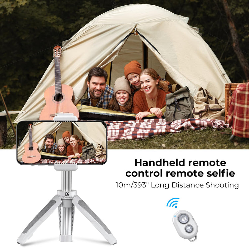 K&F Concept Selfie Stick Tripod, 360 Degree Rotation Mini Phone Stand with Ball Head and Cold Shoe Mount, Cellphone Holder with Wireless Remote for Smartphone White