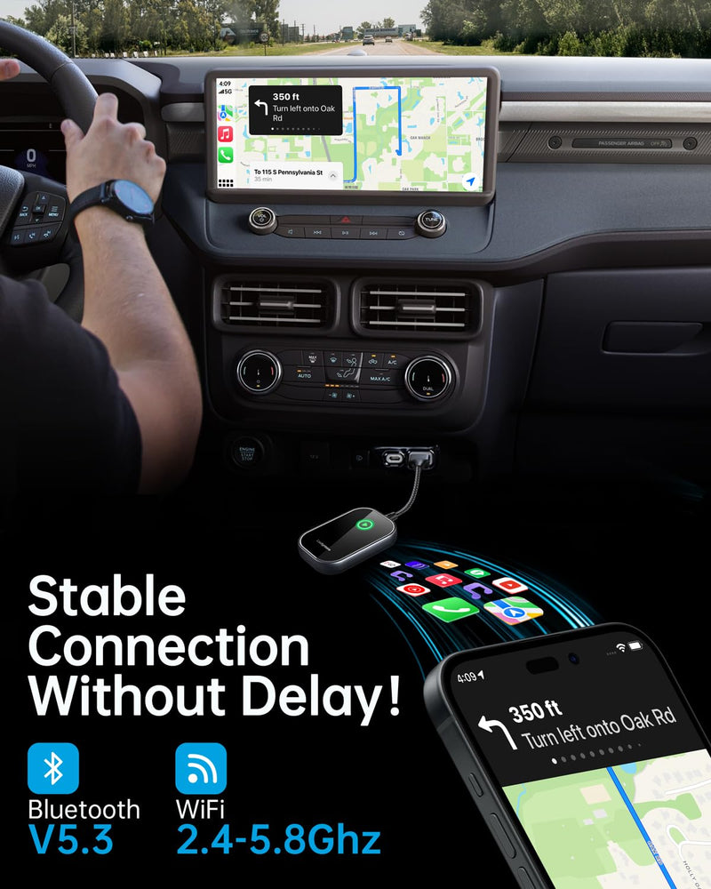 Luckymore Wireless Carplay Adapter, Converts Wired to Wireless Carplay Dongle for Wireless Control Plug & Play Carplay Fit for Cars from 2017 & for Apple iPhone iOS 10+ Black