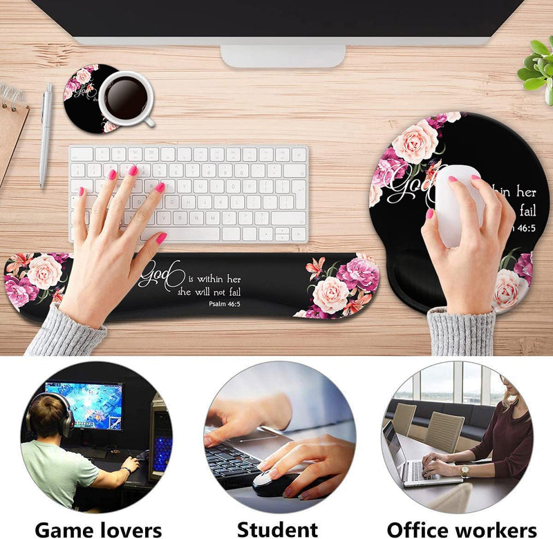 Keyboard Wrist Rest Pad and Ergonomic Mouse Pad Wrist Support Set for Computer, Gaming , Office, Pain Relief + Coasters，Peony Flower Psalm 46:5 God is Within Her, She Will Not Fall Fd-wristrest-3