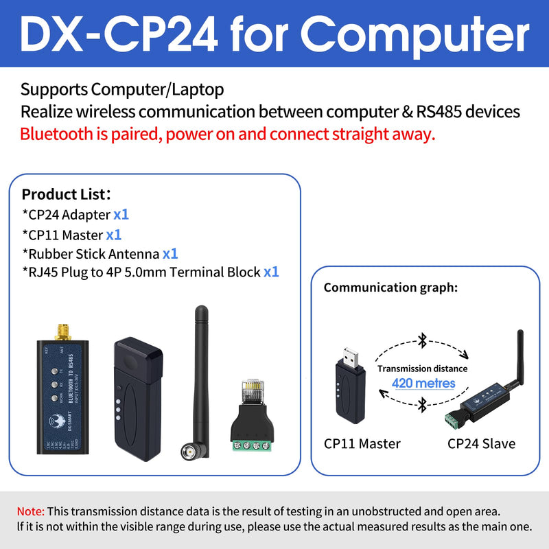 DX-CP24 Bluetooth to RS485 Serial Adapter Industrial Wireless Bluetooth Communication Module to RS485 Converter, Change 485 Wired Device to Wireless (CP24 for Device) CP24 For device
