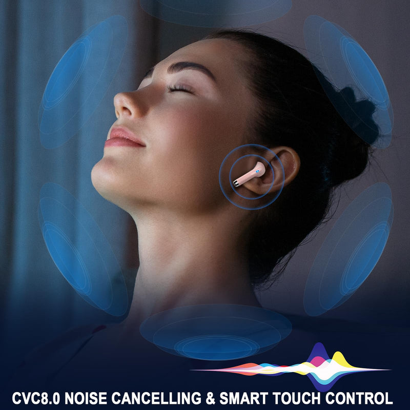 Jxrev J53 2 Pack Black and Pink Wireless Earbuds, Bluetooth Ear Buds LED Power Display Headphones Bass Stereo, Earbuds in-Ear Noise Cancelling Mic, 40H Playback Mini Case
