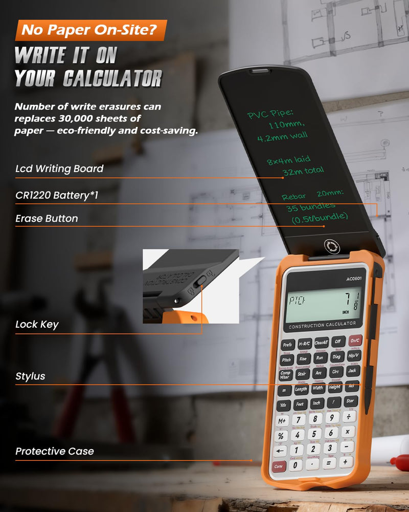 GUYUCOM Construction Calculator with Writing Tablet Concrete Calculator | Home Project Tools for Contractors Construction Industrial Carpenters Real Estate Pocket Calculators Gifts for Carpenters Silver Orange