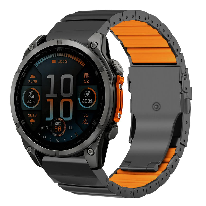 Abanen Lightweight Titanium Silicone Watch Band for Garmin Fenix 8 / Tactix 8 / epix Pro/Enduro, Elevate Dual-Layer Wrist Strap with Flip-Lock Folding Clasp for Fenix 7 /Instinct 3/ Approach S70 47mm Black-Orange 26mm