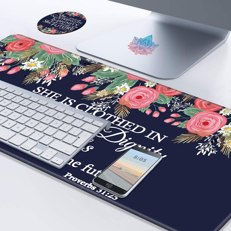 Desk Pad Navy Blue Flower Bible Proverbs 31:25 Mouse pad with Cute Coasters and Pink Mandala Stickers Non-Slip Rubber Large Gaming Mouse Mat, Multifunctional Office Desk Mat