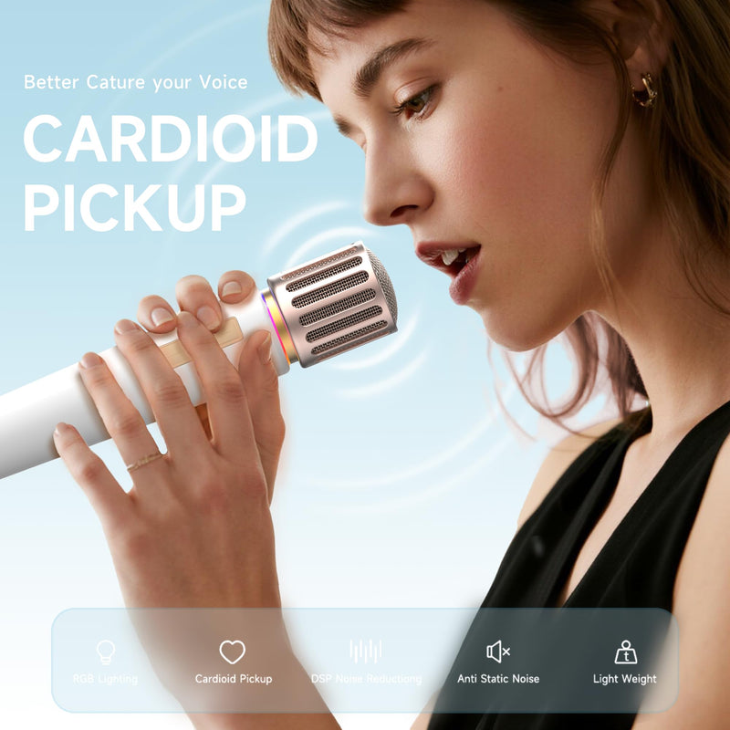 Wireless Microphones, Microphone with One-to-One Chip Connection, Controllable LED Lights, 40H Duration, 200FT Range Free Sing, Volume Control Microphone for Singing, Speech, Home Party, Youtube White