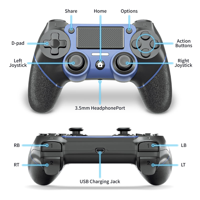 Wireless Controller for P4, Remote Control Compatible with Playstation 4/ Slim/ Pro/ PC, Gaming Controllers with Double Vibration /6-Axis Motion Sensor /Programmable Back Buttons【Upgraded Version】 Blue-Black