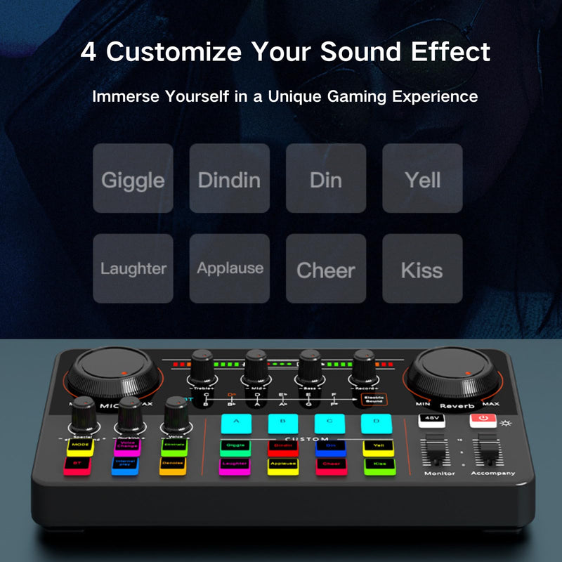 HOSONGIN Audio Interface for Beginners - Streaming Podcast Mixer with Pro-preamp, 48V Phantom Power, Voice Changer, Customizable Sound Effects, Noise Reduction for Podcasting, Gaming, Recording Sound-Card-P300