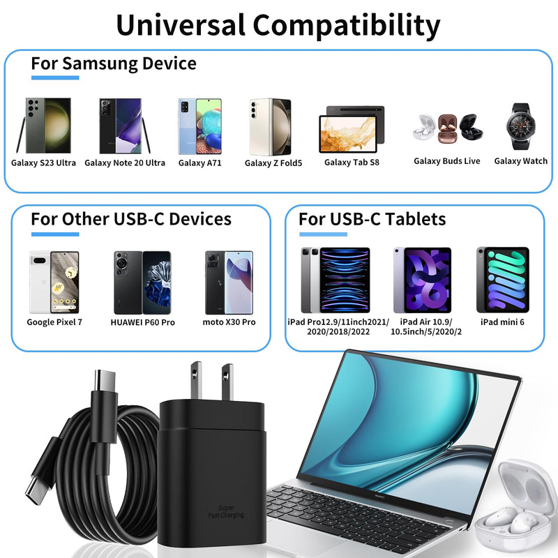 Type C Charger Fast Charging for Samsung 25W Fast Charger, 2-Pack PD/PPS USB C Fast Wall Charger Block with 6FT Type C to Type C Cable for Samsung Galaxy S23/S22/S21/S20/Note 20/Note 10/ iPhone 15 Black
