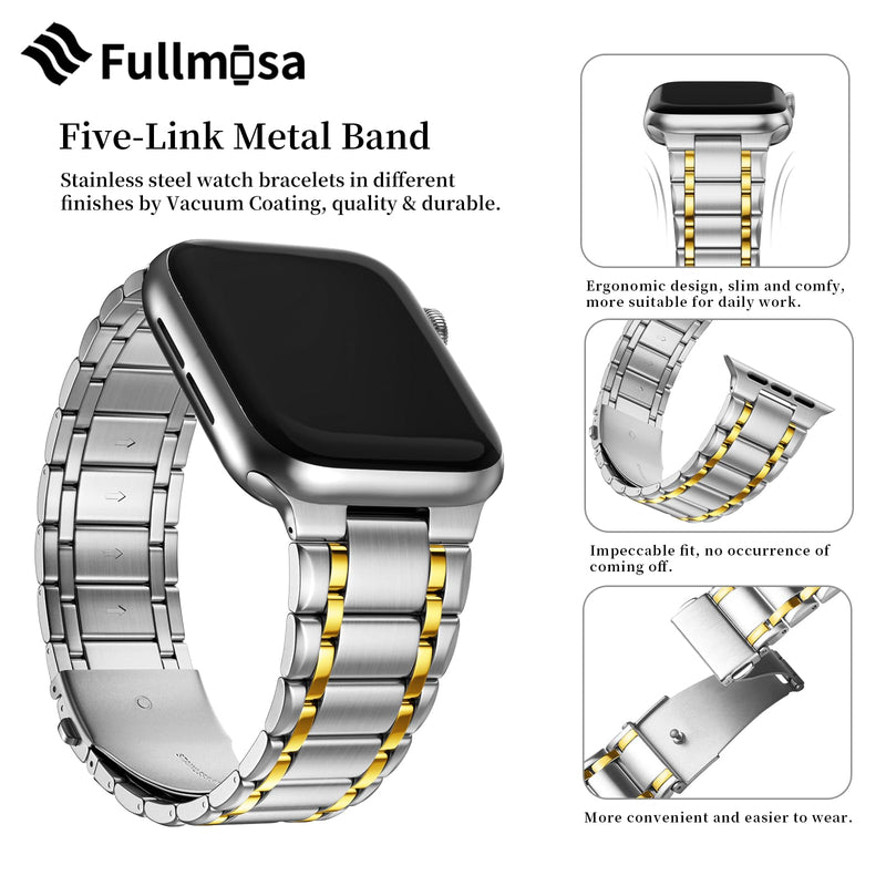 Fullmosa Compatible Silicone Apple Watch Band with Case 45mm Black & Compatible Metal Apple Watch Band with Case 45mm,Silver and Gold