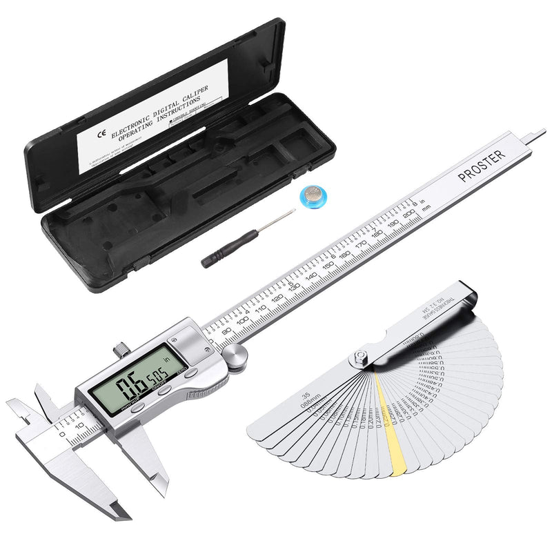 Proster Digital Caliper 8 Inch/200 mm + 32 Feeler Gauge Calliper Stainless Steel Electronic Caliper Inch/Fractions/Metric Caliper for Length Width Depth Inner / Outer Diameter 200 mm