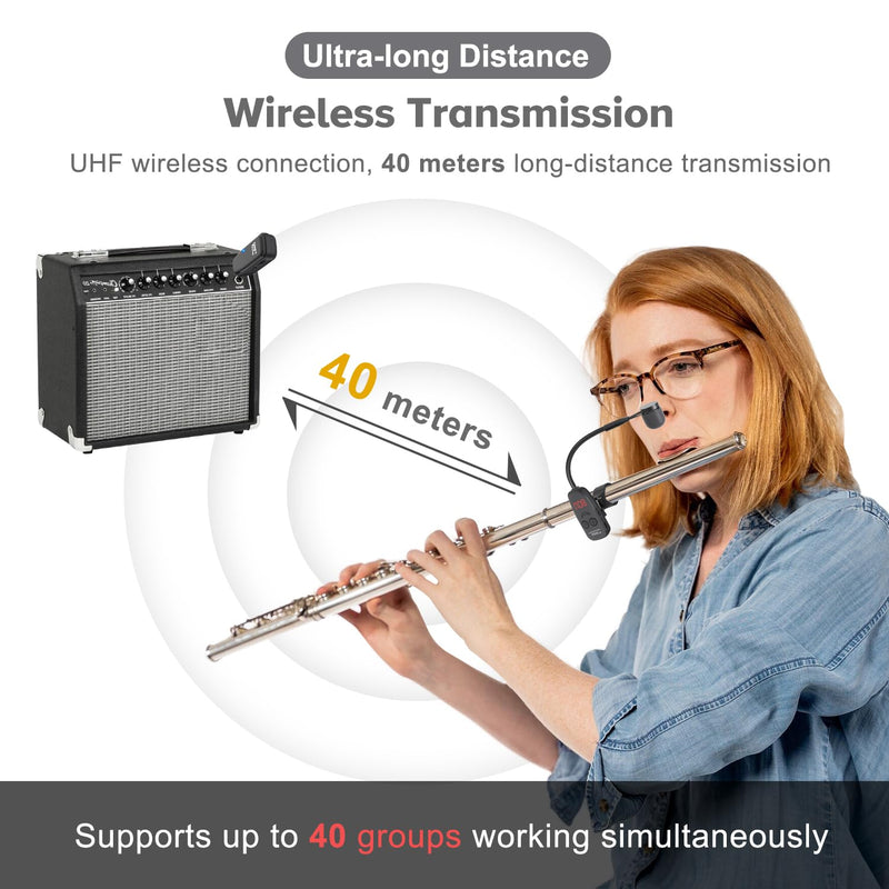 XIAOKOA Wireless Microphone,UHF Wind Instrument Clip Microphones,Rechargeable Receiver and Transmitter Mic System,130ft Range with Digital Screen,Great for Flute, Piccolo, Clarinet