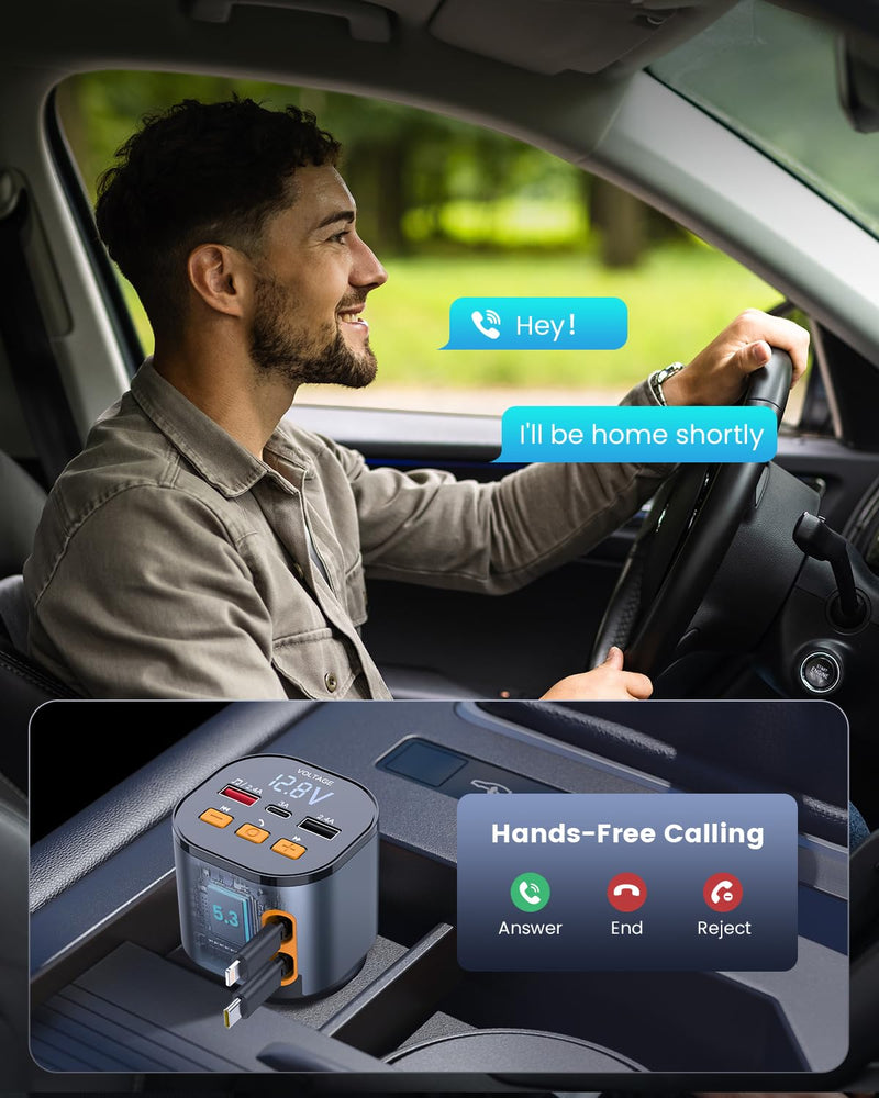[AUSTRALIA] - [2025 Upgraded] 81W Retractable PD Car Charger with Bluetooth 5.3, FM Transmitter, Hands-Free Calling, MP3 Player, USB & LED Display – USB-C Bluetooth Adapter for All Phones 