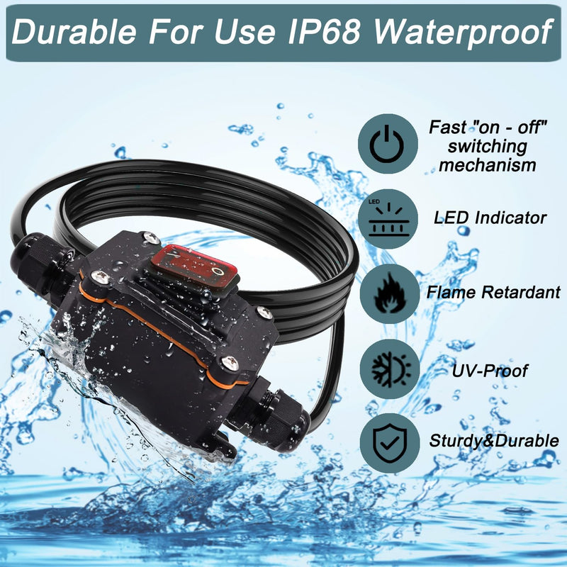 [AUSTRALIA] - 10FT 12V Inline Switch IP68 Waterproof, Outdoor On/Off Toggle Switch with Waterproof Junction Box, DC 12V-24V 20A On Off Switch 12 Volt Inline Cord Switch with Red LED Rocker Button 10FT 