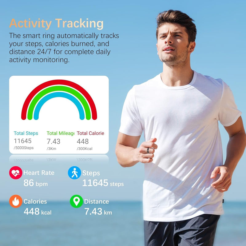 Fit Ring, Smart Health Rings for Women Men with Heart Rate,Blood Oxygen,HRV,Stress Level, Sleep Monitor, Step Tracker, No Subscription Fee, IP68 Waterproof Smart Ring for iphone &Android (Black, 13#) Black 13#