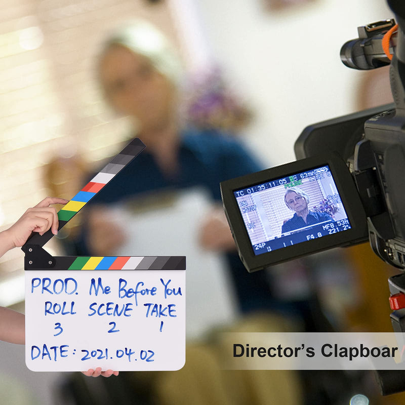 Andoer 30 x 24cm Acrylic Film Clapboard Movie Directors Clapper Board Slate Cut Action Scene Blank Clap Board Dry Erase with Multicolored Sticks