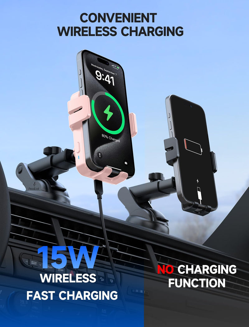 Wireless Car Charger 15W Auto Clamping Phone Holder Dash Windshield Vent | Car Charger Compatible with iPhone 17 16 15 14/13/13 Pro/12 pro/12/11/X/8, Samsung S24/S23/S22 Pink