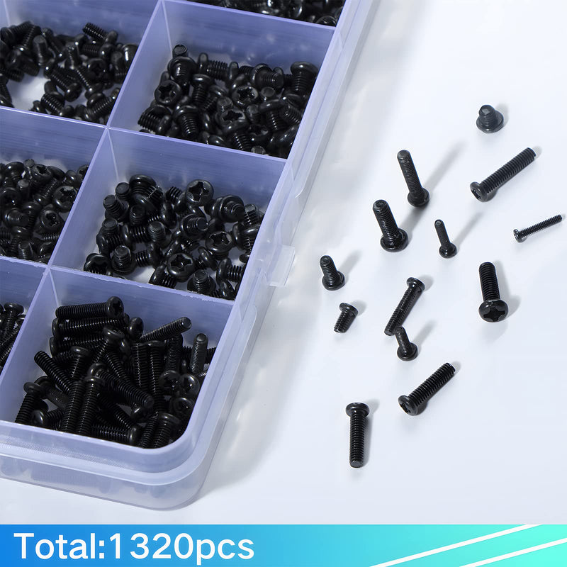 1320Pcs Black Laptop Screws Kit,Notebook Tiny Computer Replacement Electronic Screws,Pan Head Small Machine Screws for Laptop,Watches,Clocks,Mobile Phone