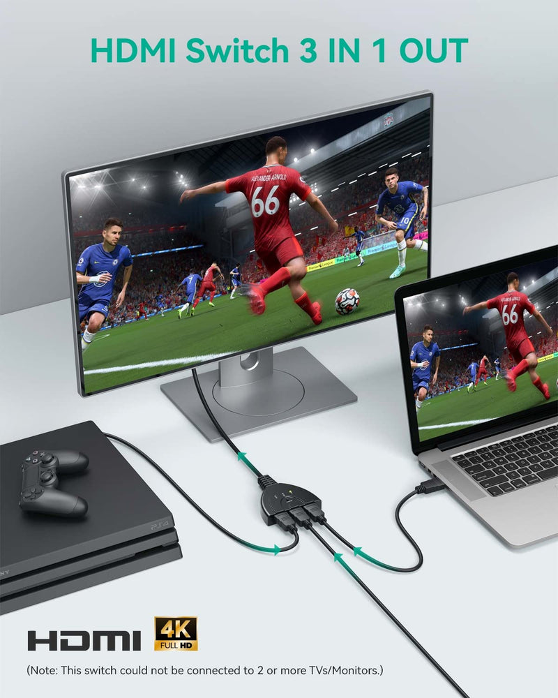 HDMI Switch 4K, VILCOME 3 Port HDMI Switcher 3x1 HDMI Splitter Hub 3 in 1 Out with Pigtail Cable Supports 4K 3D HD 1080P for Xbox PS4 Roku HDTV 1.25FT Cable