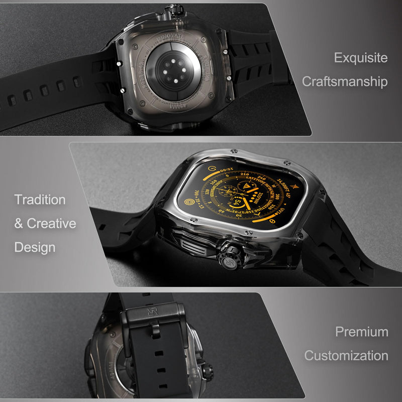 Translucent Designer Rugged Case and Band Compatible for Apple Watch Ultra 3/2/1 49mm, Luxury Tactical Crystal Clear Military Protector for iWatch, B-BR Black/Black-49