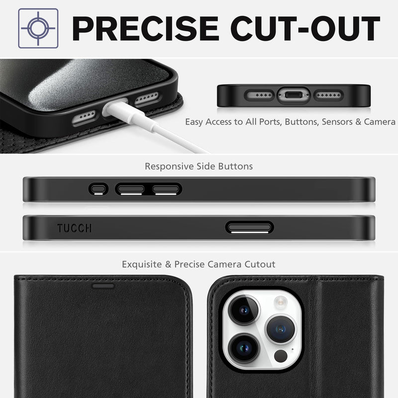 TUCCH Case Wallet for iPhone 15 Pro Max, RFID Blocking 4 Card Holder Kickstand Shockproof TPU Inner Case, PU Leather Magnetic Flip Folio Cover, Black