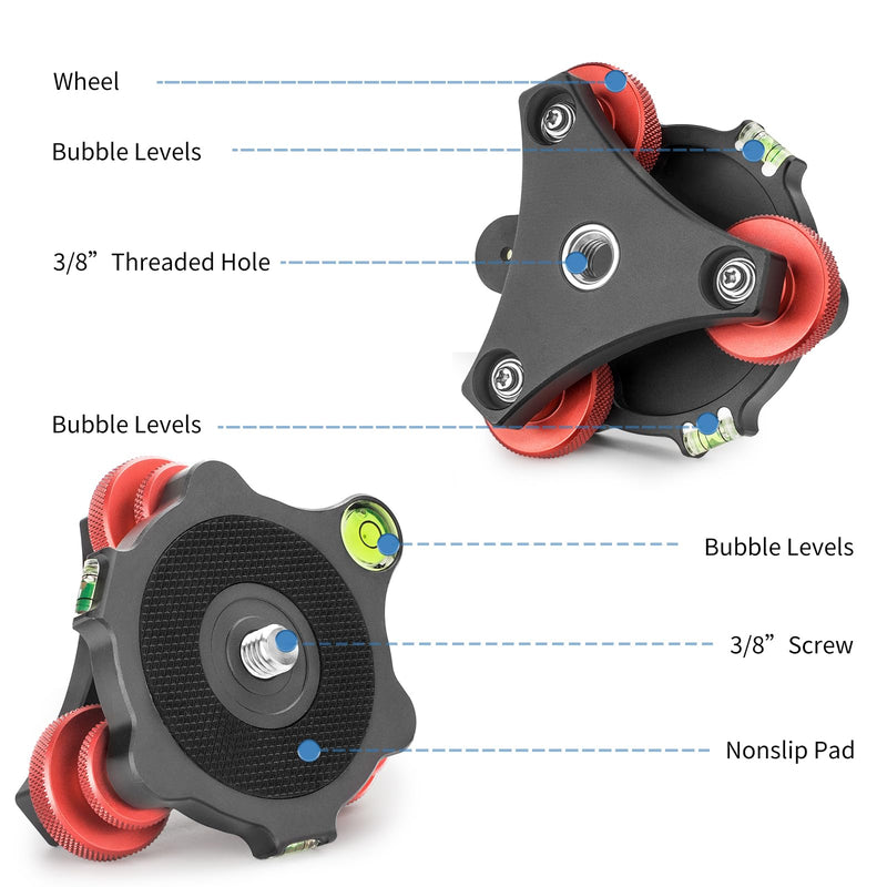 Camera Leveler Tripod Leveling Base Tri-Wheel Head for Macro Photography Aluminum w Bubble Level 3 Axis Level with +/-5 Degree Precision Adjustment for DSLR Camera Rotator Panoramic Head LP-64