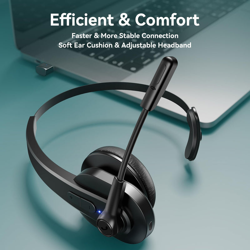 Sarevile Bluetooth Headset with USB Dongle for Computer, Single-Ear Wireless Headset with Noise Cancelling Microphone for Office & Truckers, Bluetooth V5.2 with Mute Button for Work Black