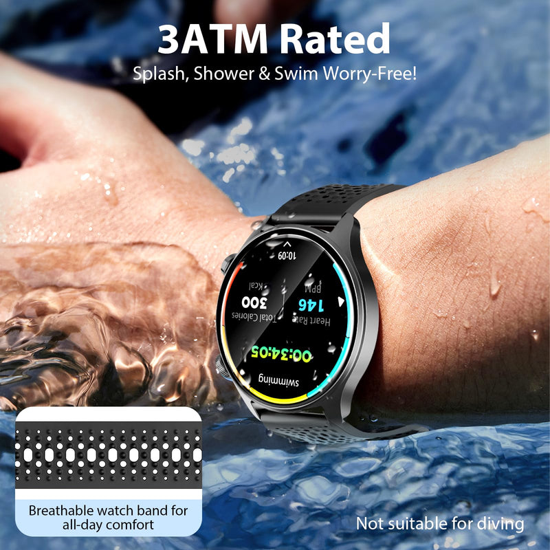 GPS Smart Watch Men Women, 30m Waterproof for Android iPhone | Running Watch Men Bluetooth Call, 1.43" Round AMOLED Display, Heart Rate/Sleep/SpO2 Monitor, 100+ Sport Modes Step Counter Black+Black