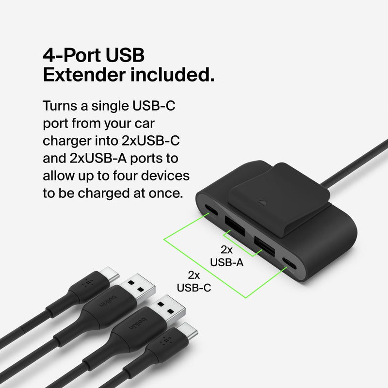 Belkin BoostCharge 30W USB-C Car Charger with 4-Port Extender | USB-C Power Delivery, universal compatibility, for iPhone 16, Galaxy S25, Note series, Nintendo Switch 2